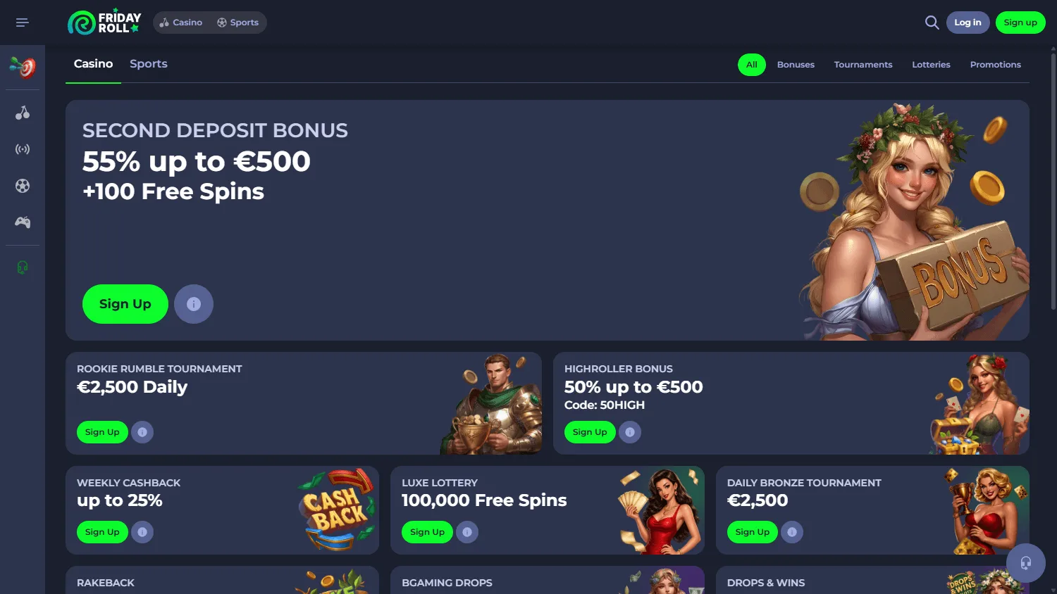 Fridayroll Casino promotions showing welcome and free-spin offers