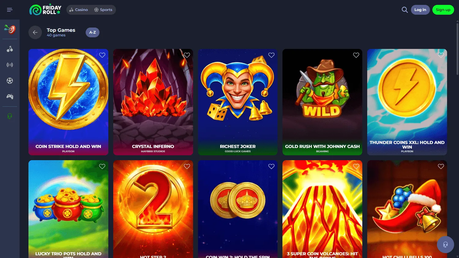 Fridayroll Casino games catalogue with slots and casino categories