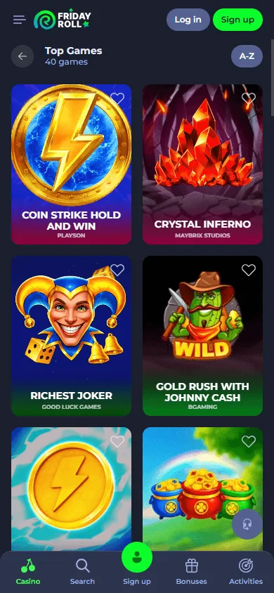 Fridayroll Casino mobile game catalogue