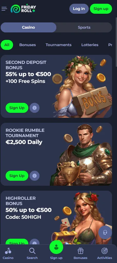 Fridayroll Casino mobile promotions and bonus offers