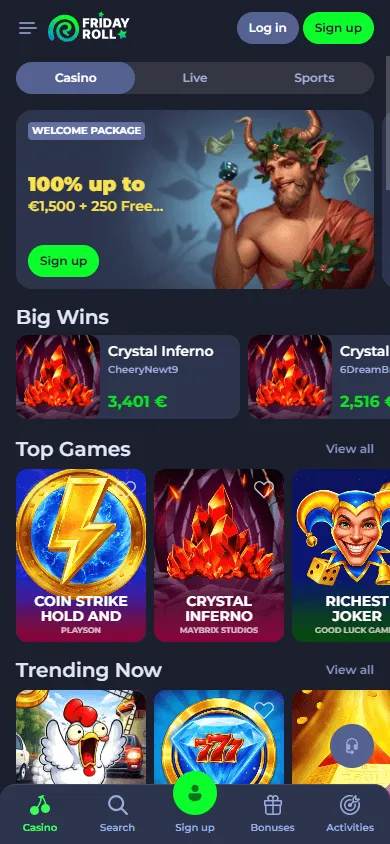Fridayroll Casino mobile-compatible homepage