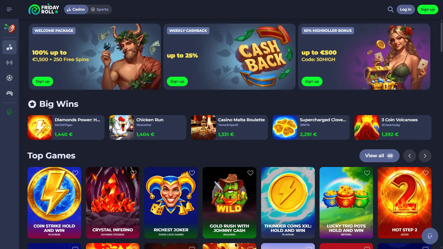 Fridayroll Casino homepage with casino offers and account options